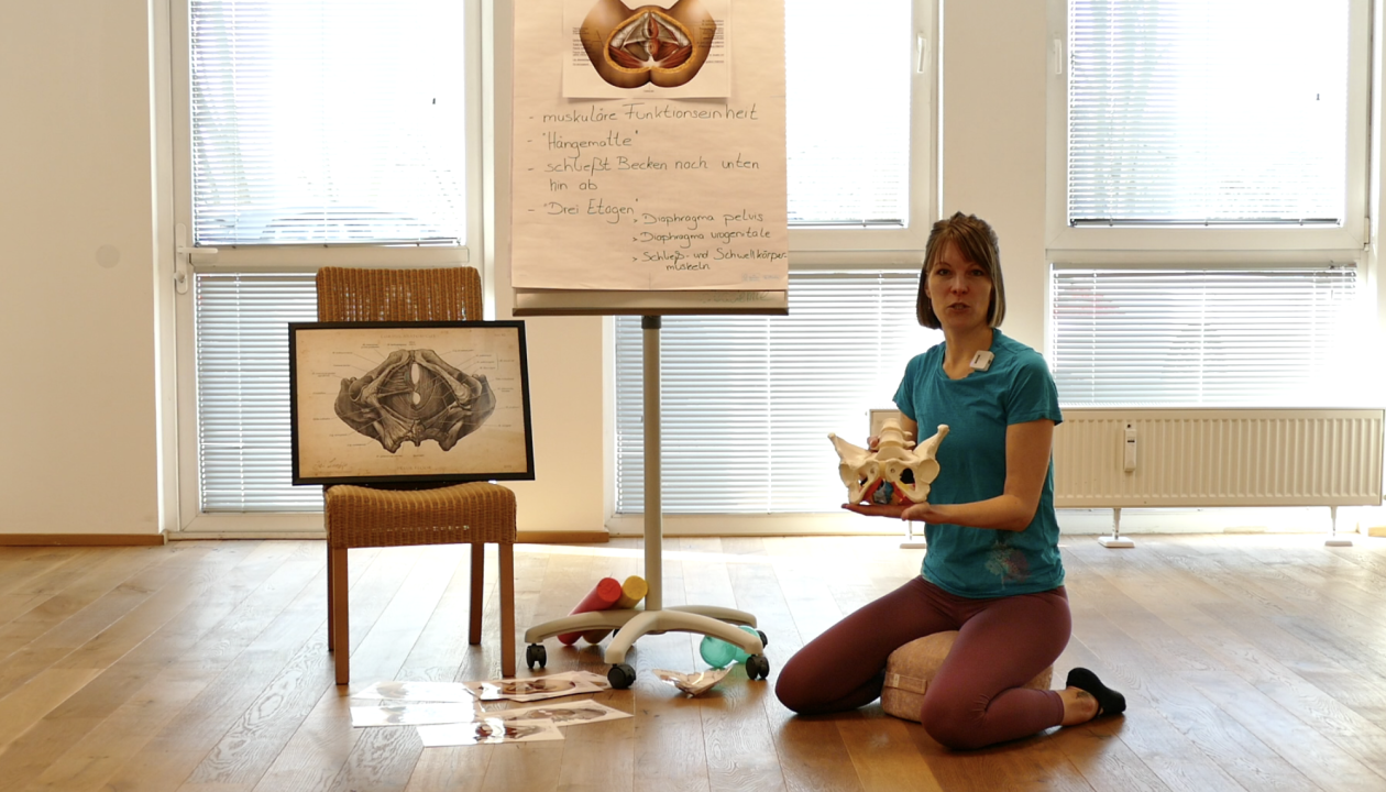 Maike Deák-Haag sitzt auf einem Yogakissen, in den Händen hält sie ein Beckenmodell. Neben ihr steht eine Flipchart und ein Stuhl mit einem Bild einer Zeichnung vom Beckenboden